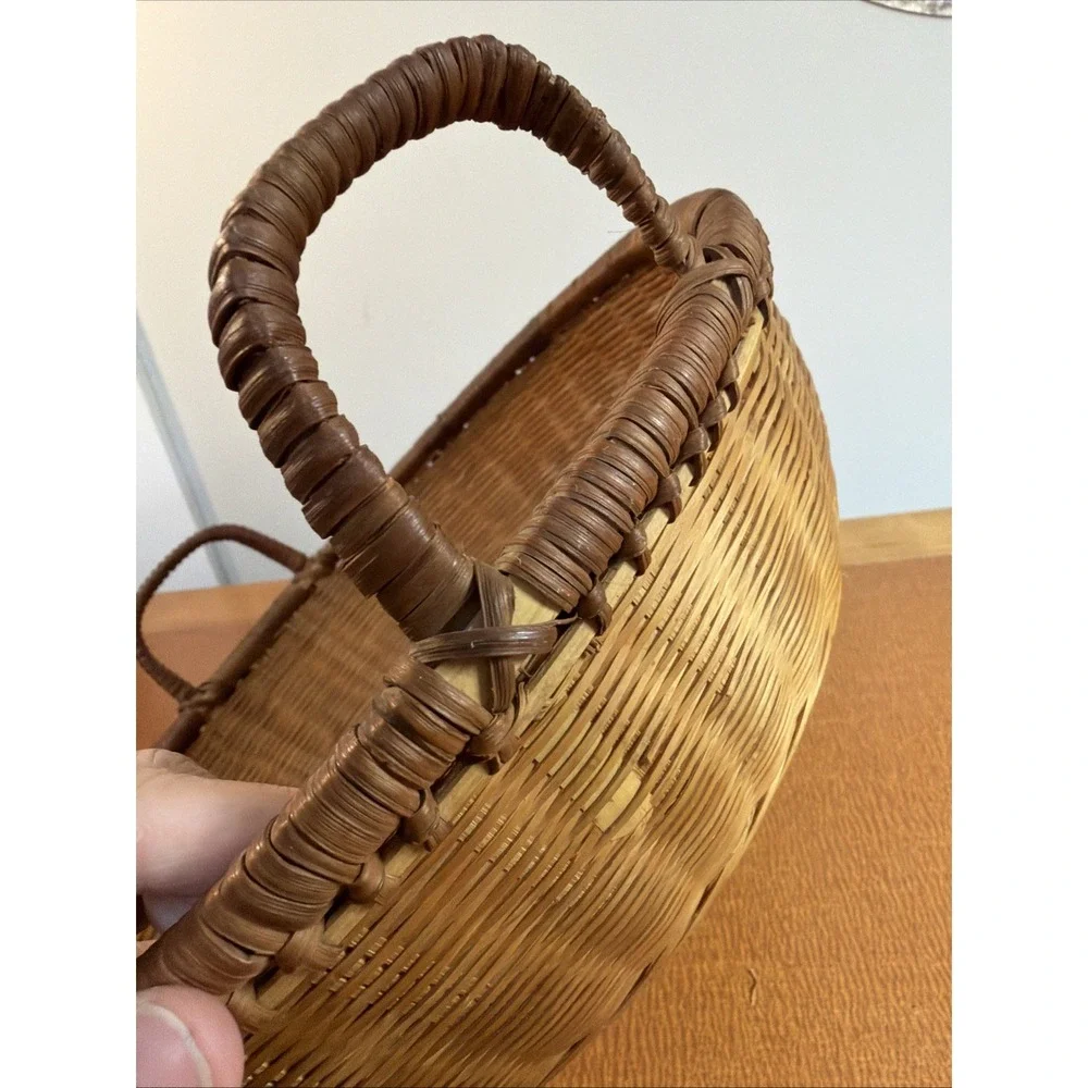 Vintage Round Natural Brown Wood Woven Wicker 2 Handles Basket 12